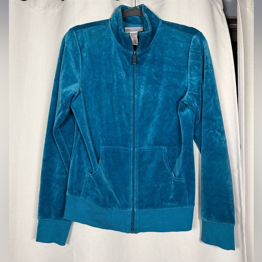 Real Comfort by Chadwicks Teal Blue Velour Zip Up Jacket Small - Picture 6 of 6